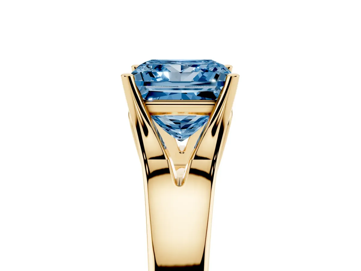 Fancy Blue Princess Cut Solitaire Diamond Ring with Cathedral Band and Four-Prong Setting Yellow gold