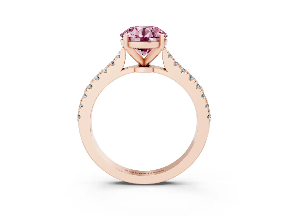 Fancy Pink Round Cut Cut Solitaire Diamond Engagement Ring with Pave Band and Four-Prong Setting Rose gold