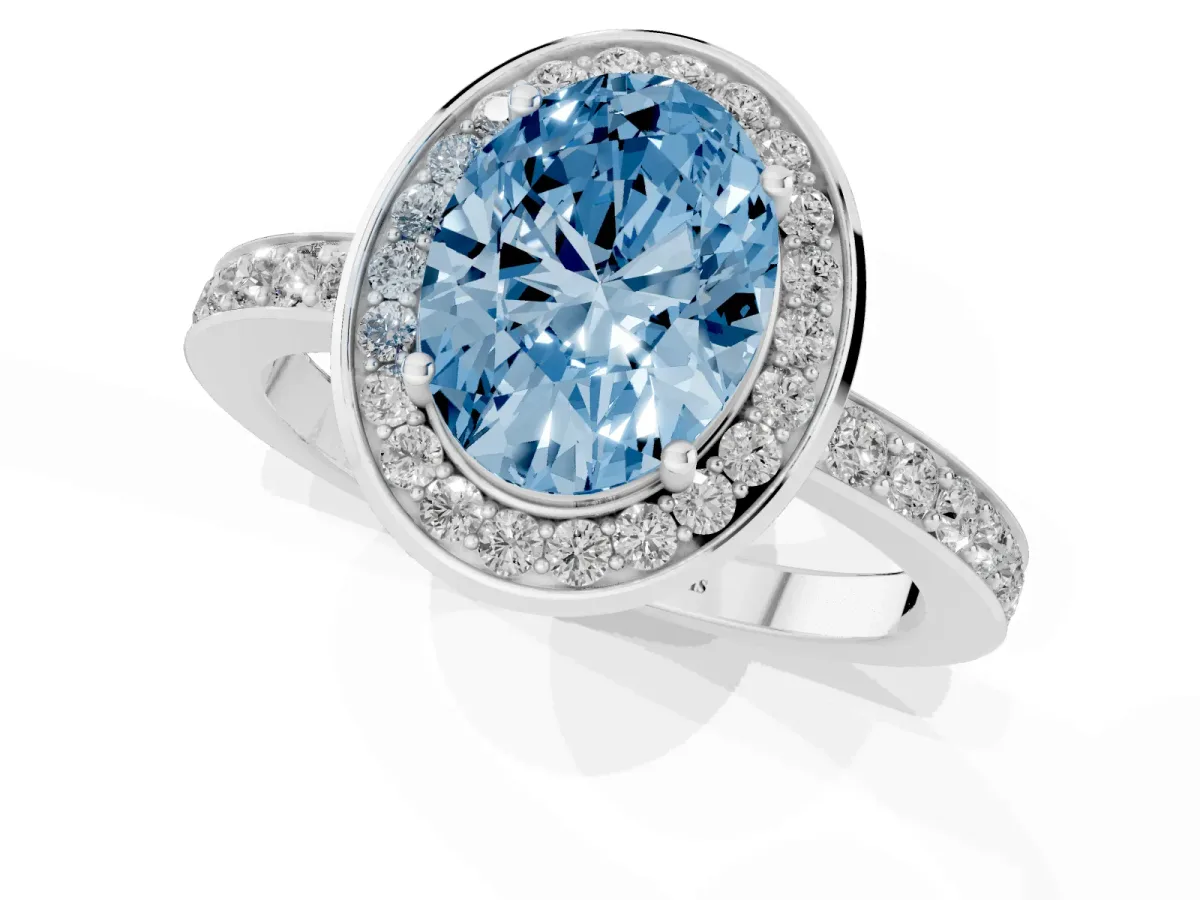 Fancy Blue Oval Cut Diamond Halo Ring with Bezel Frame and Pavé Band Silver