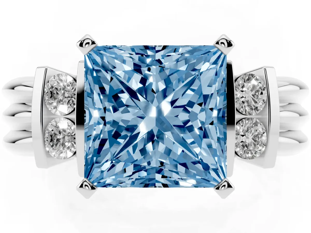 Fancy Blue Princess Cut Cut Three-Stone Channel Set Ring with Bar Prongs Silver