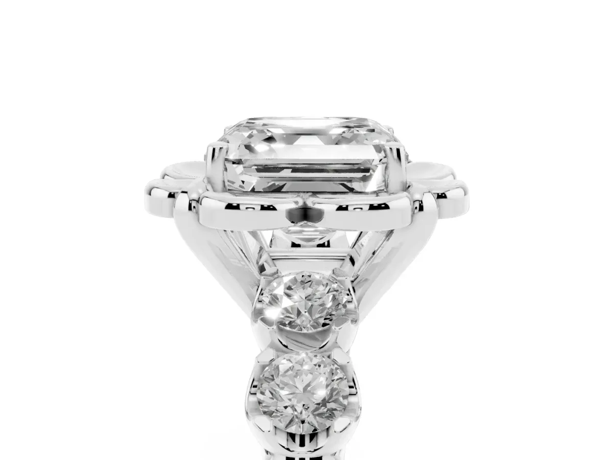 Asscher Cut Cut Diamond Floral Halo Engagement Ring with Shared Prong Setting Silver