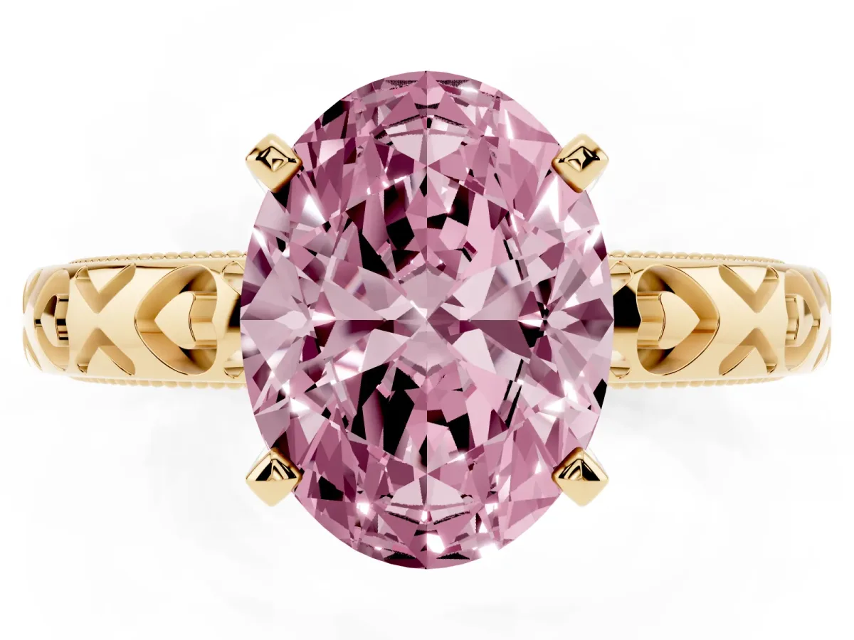 Fancy Pink Oval Cut Solitaire Diamond Engagement Ring with XO Engraved Band and Four-Prong Setting Yellow gold