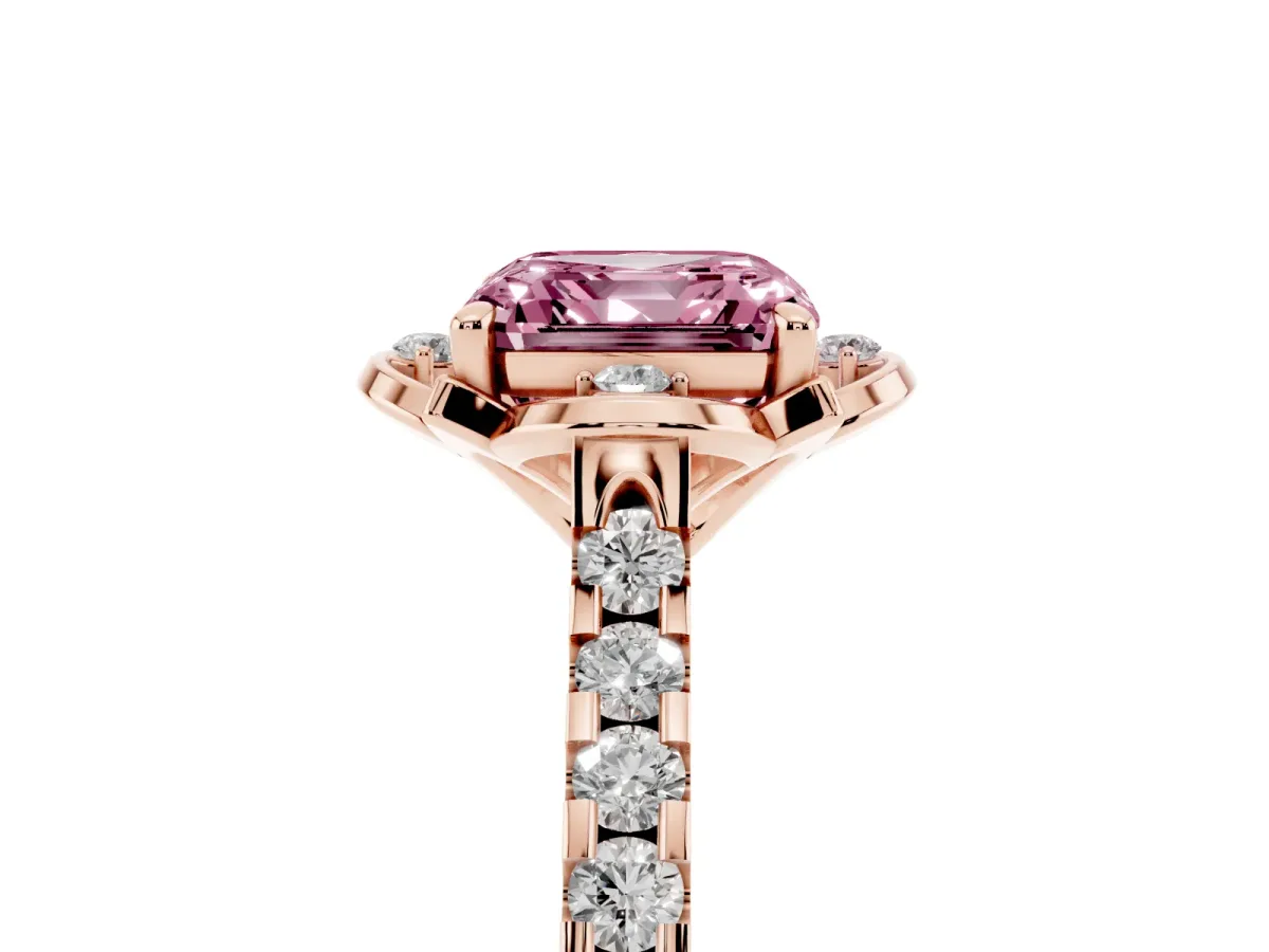 Fancy Pink Asscher Cut Diamond Ring with Pavé Band and Floral Prong Setting Rose gold