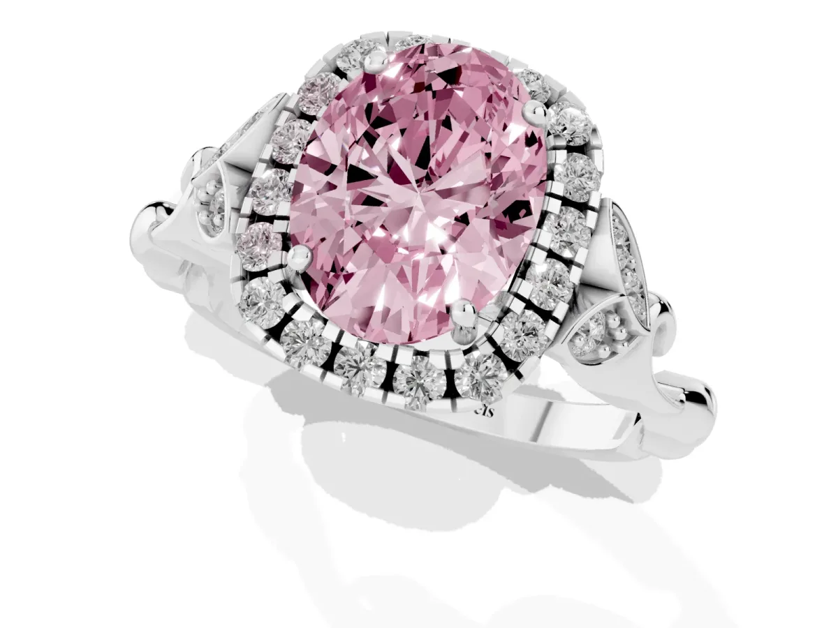 Fancy Pink Oval Cut Halo Diamond Engagement Ring with Vintage-Inspired Band and Four-Prong Setting White gold