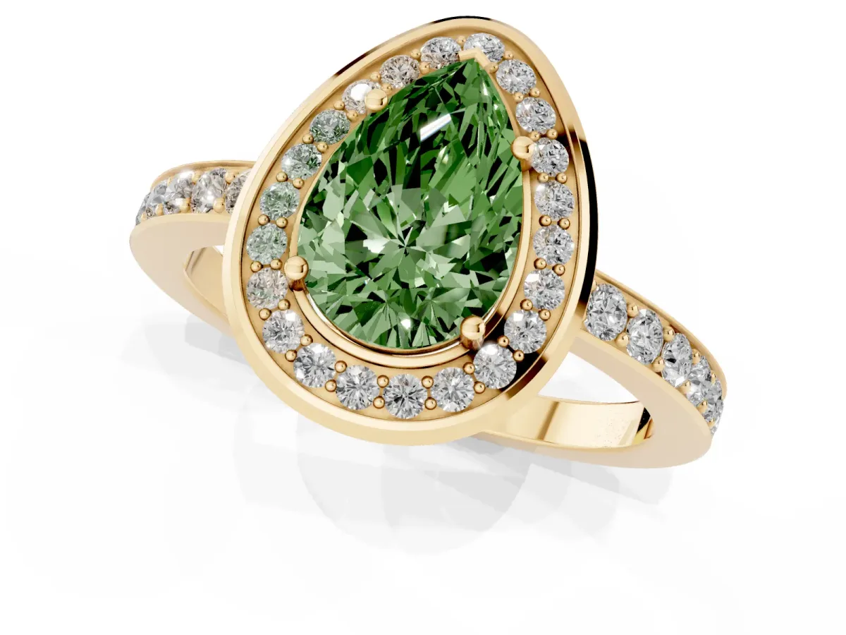 Fancy Green Pear Cut Diamond Halo Ring with Bezel Frame and Pavé Band Yellow gold