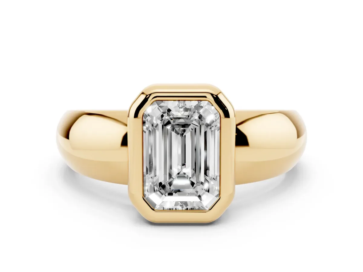 Bezel Set Emerald Cut Solitaire Ring with Wide Band Yellow gold