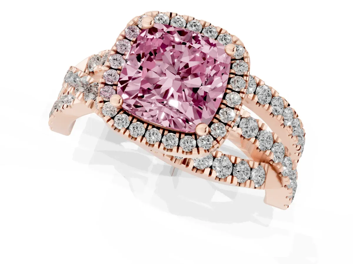 Fancy Pink Cushion Cut Diamond Halo Ring with Round Split Shank and Prong Setting Rose gold