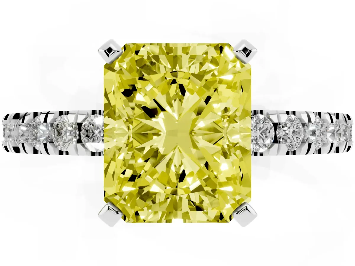Fancy Yellow Radiant Cut Solitaire Diamond with Pavé Band and Four-Prong Setting White gold
