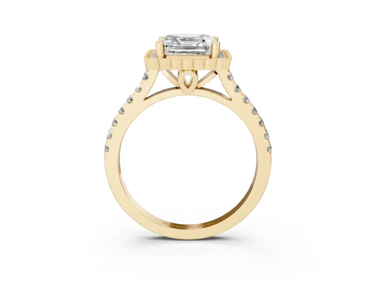 Asscher Cut Cut Diamond Milgrain Floral Halo Engagement Ring with Pavé Band Yellow gold