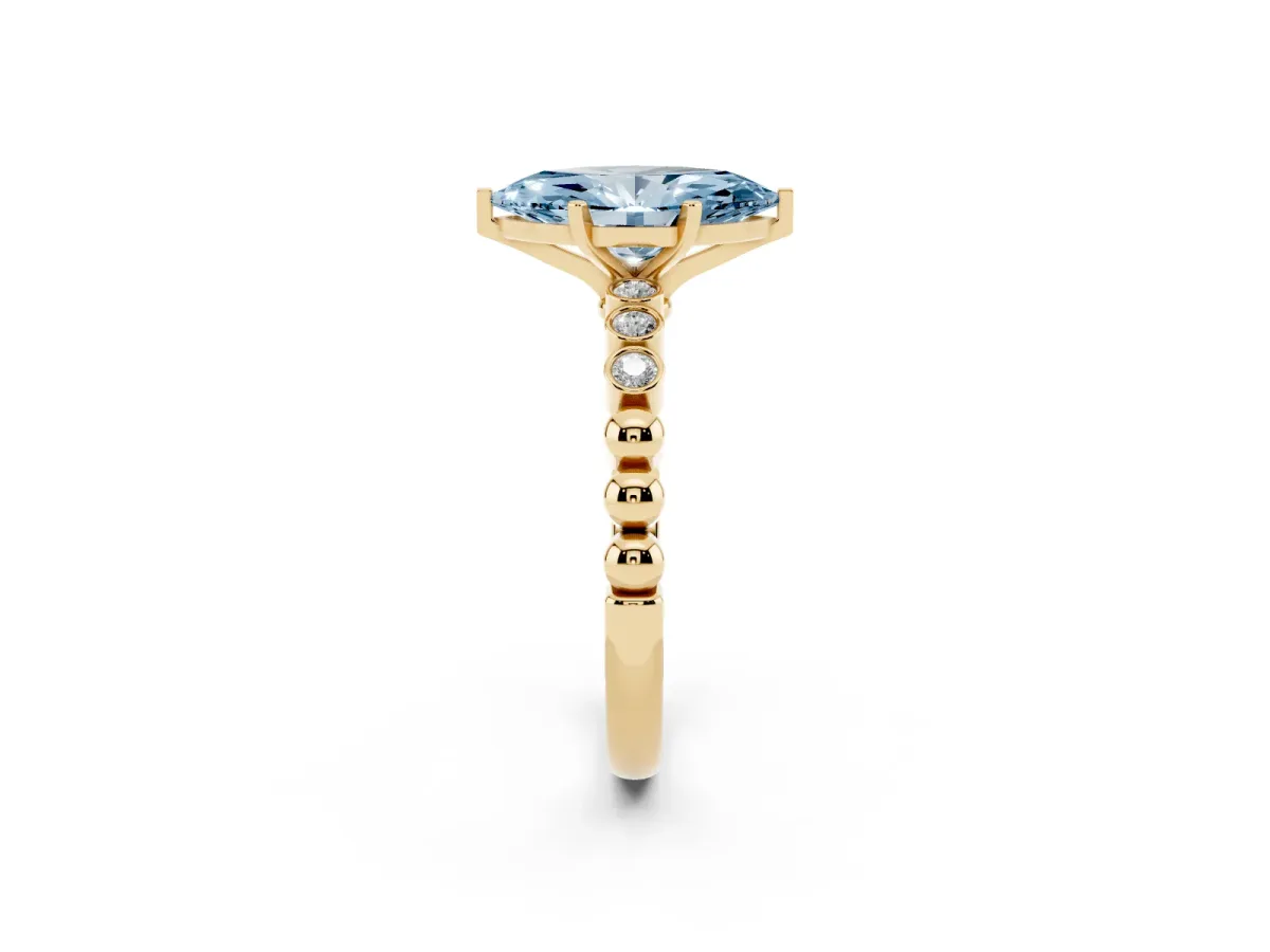 Fancy Blue Marquise Cut Solitaire Bezel Accent Diamond Engagement Ring with Beaded Band and Four-Prong Setting Yellow gold