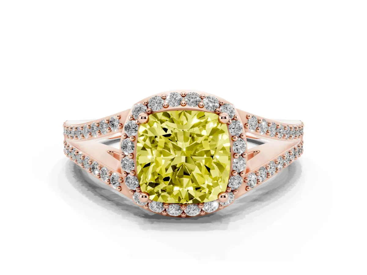 Fancy Yellow Cushion Cut Halo Split Shank Pave Diamond Ring with Four-Prong Setting Rose gold