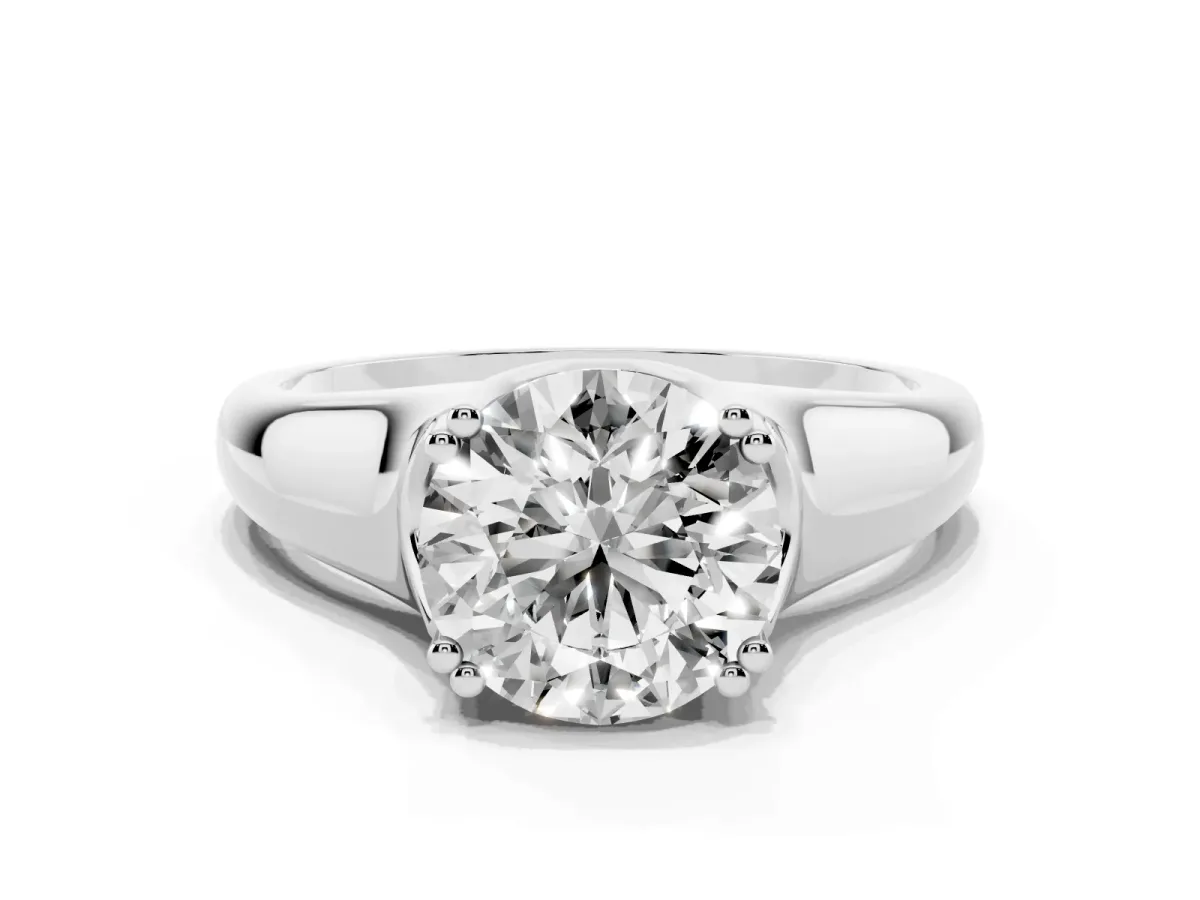 Round Cut Diamond Solitaire Ring with Wide Band and Prong Setting Silver