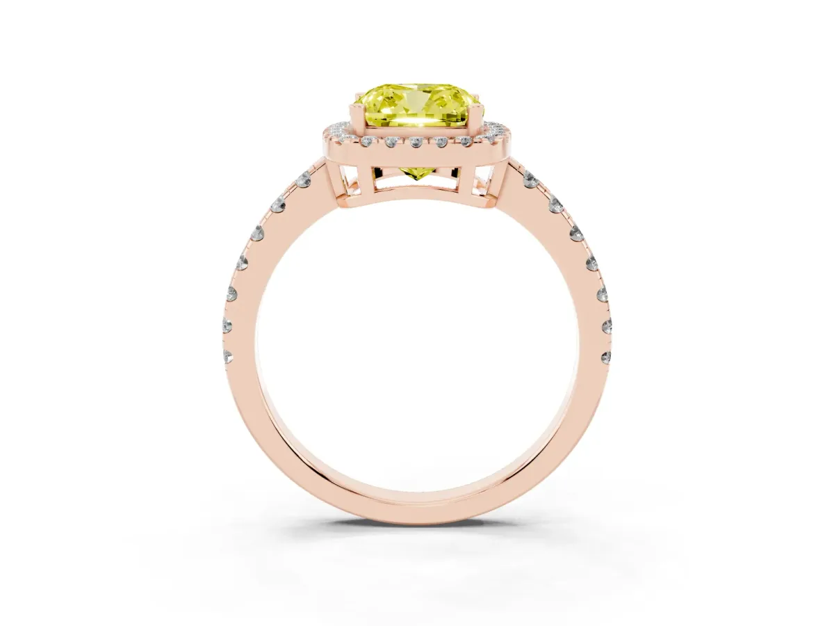 Fancy Yellow Cushion Cut Diamond Halo Ring with Pavé Band and Four-Prong Setting Rose gold