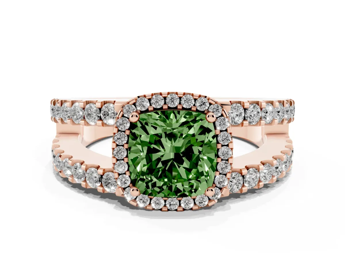 Fancy Green Cushion Cut Cut Halo Split Shank Diamond Ring with Four-Prong Setting Rose gold