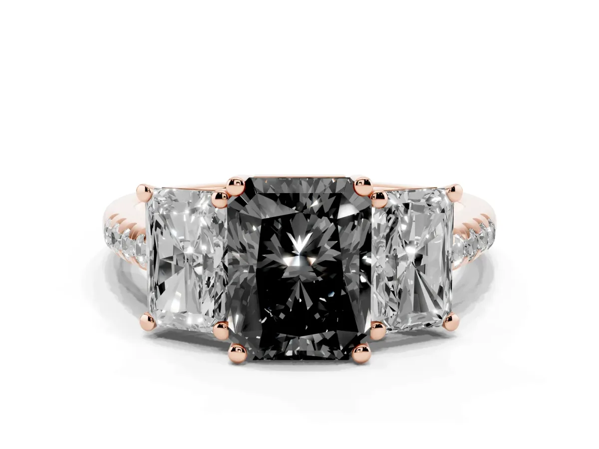 Fancy Black Three-Stone Radiant Cut Diamond Ring with Round Pavé Band and Prong Setting Rose gold