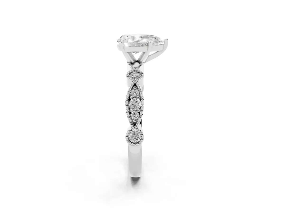Pear Cut Milgrain Bezel Diamond Engagement Ring with Solitaire Prong Setting Silver