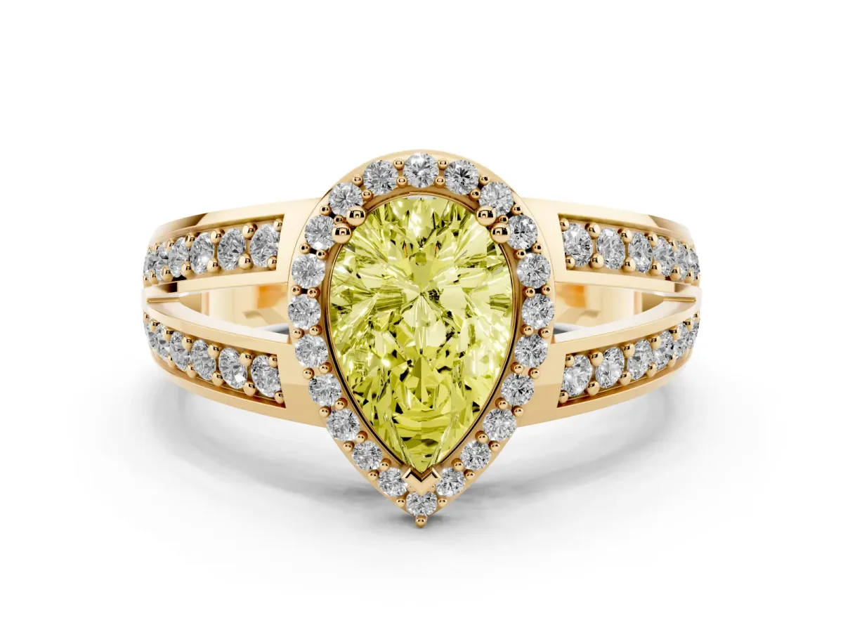 Fancy Yellow Pear Cut Diamond Halo Ring with Split Shank Pavé Band and Four-Prong Setting Yellow gold
