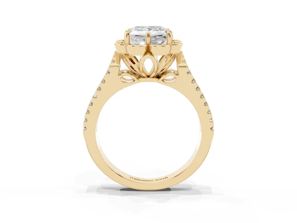 Princess Cut Halo Diamond Floral Split Shank Engagement Ring Yellow gold