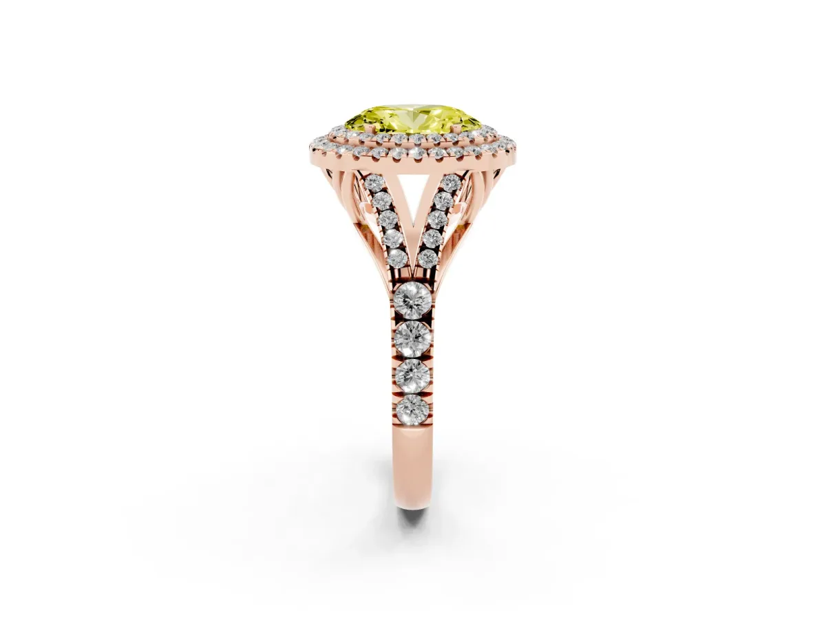Fancy Yellow Double Halo Oval Cut Diamond Split Shank Engagement Ring with Four-Prong Setting Rose gold