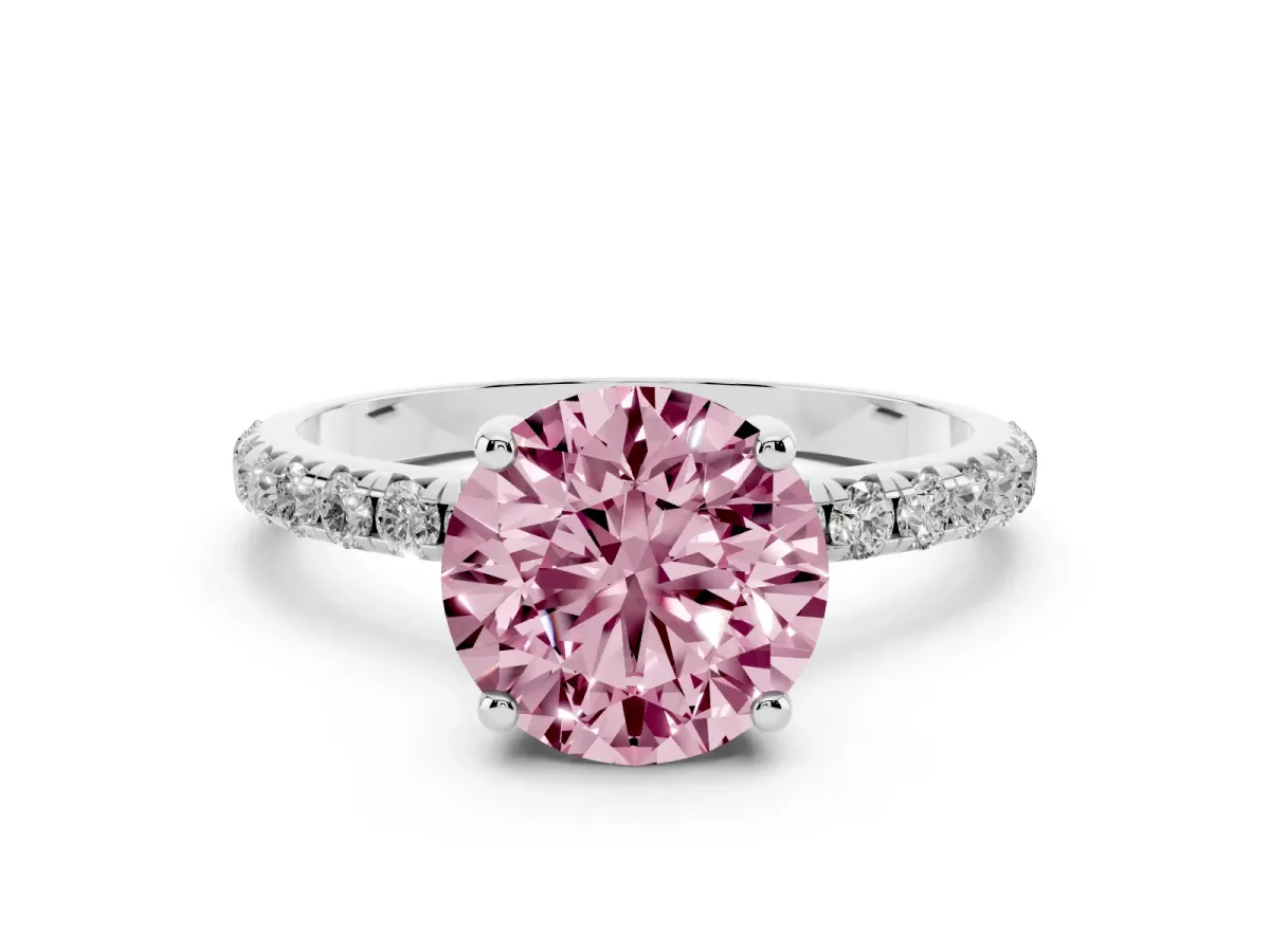 Fancy Pink Round Cut Cut Diamond Solitaire Ring with Micro Pave Band and Four Prong Setting Platinum