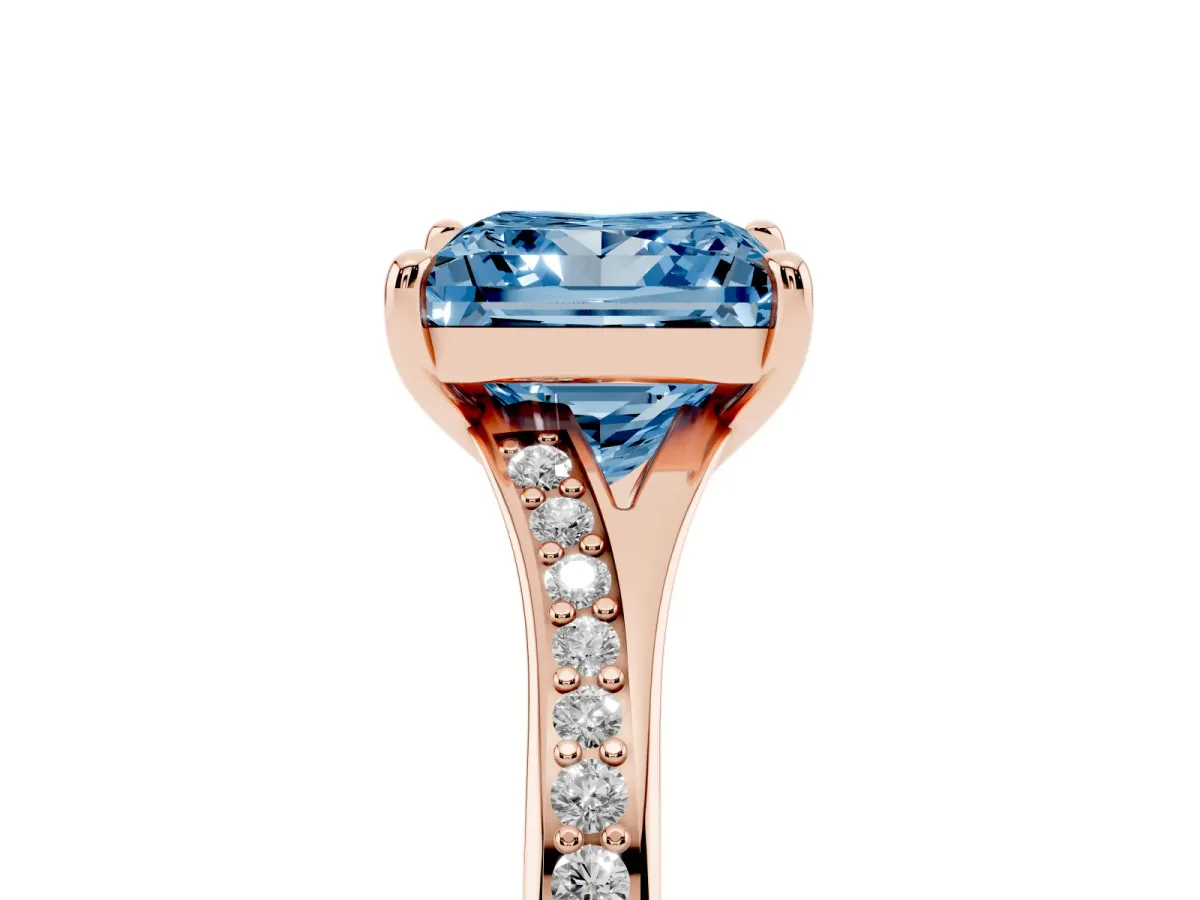 Fancy Blue Princess Cut Diamond Solitaire Ring with Pavé Band and Prong Setting Rose gold