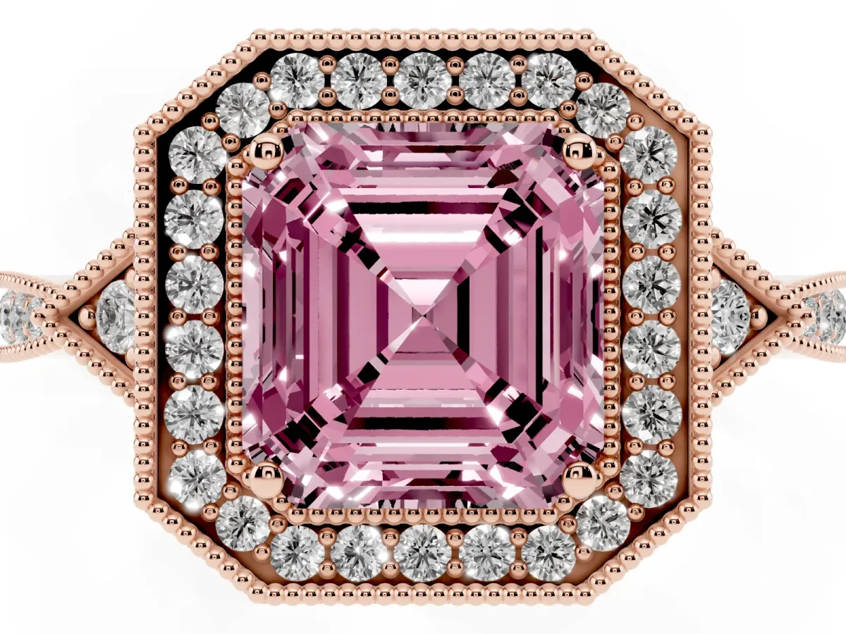 Fancy Pink Asscher Cut Halo Round Diamond Milgrain Pave Engagement Ring Rose gold