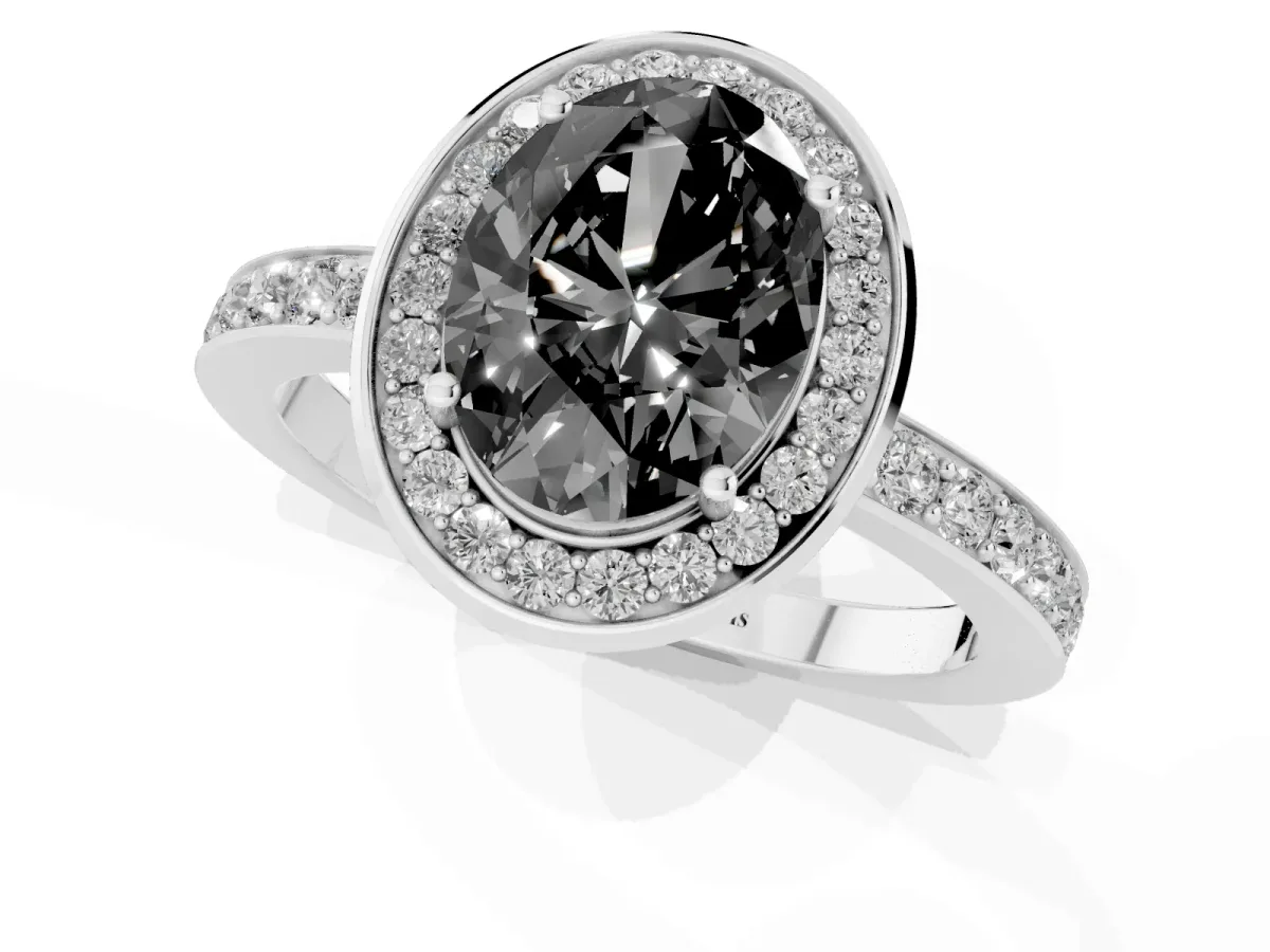 Fancy Black Oval Cut Diamond Halo Ring with Bezel Frame and Pavé Band Silver