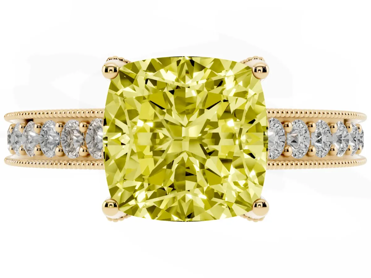 Fancy Yellow Cushion Cut Cut Diamond Solitaire Ring with Milgrain Pave Band and Four Prong Setting Yellow gold