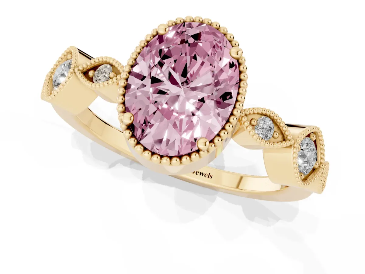 Fancy Pink Oval Cut Diamond Vintage Milgrain Ring with Round Stations Yellow gold