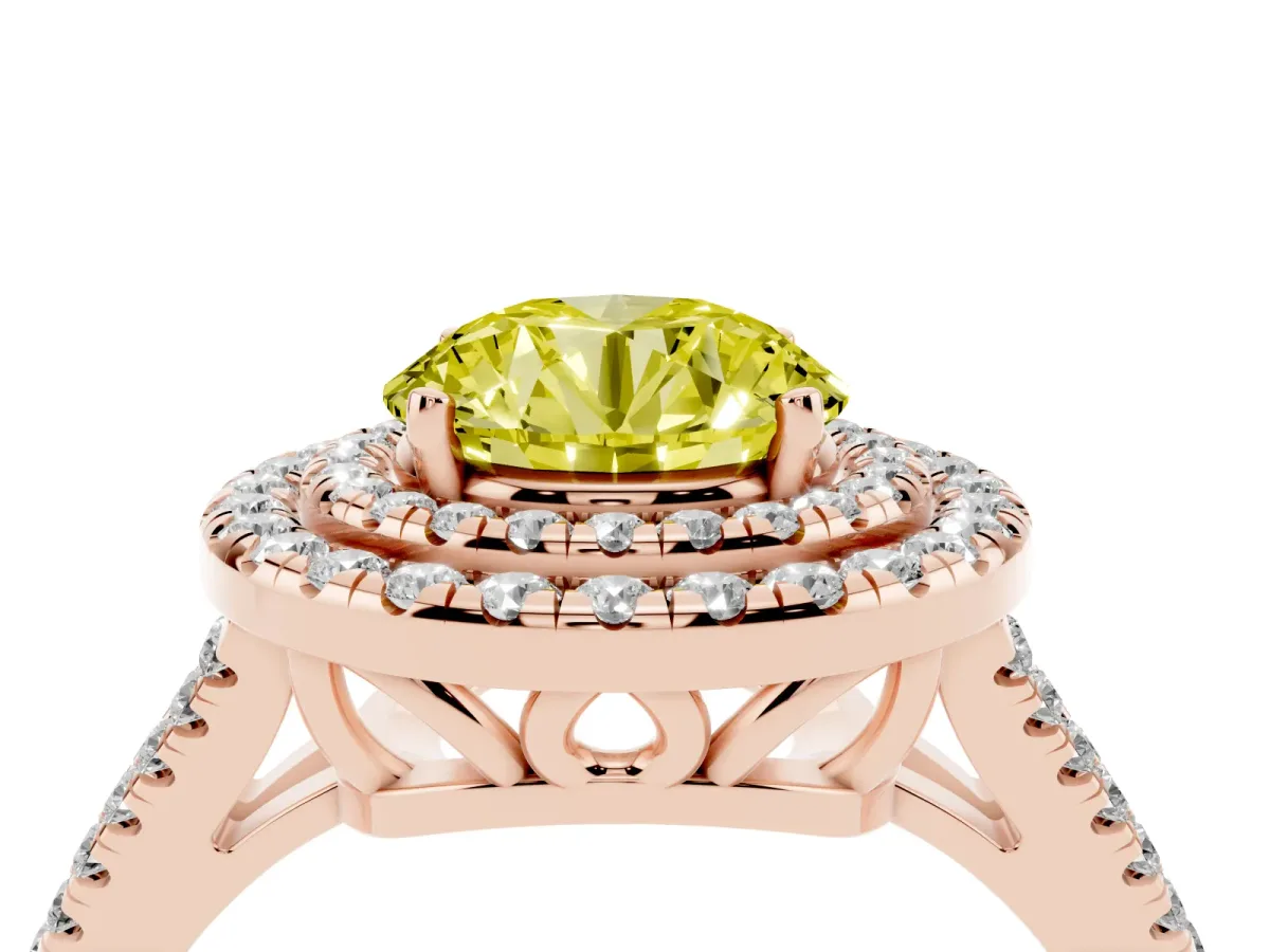 Fancy Yellow Round Cut Diamond Double Halo Ring with Pavé Band and Prong Setting Rose gold