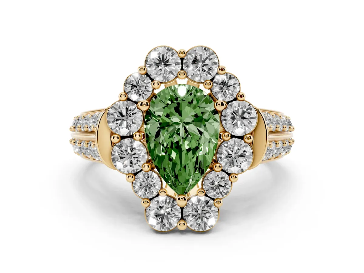 Fancy Green Pear Cut Halo Diamond Engagement Ring with Split Shank and Prong Setting Yellow gold