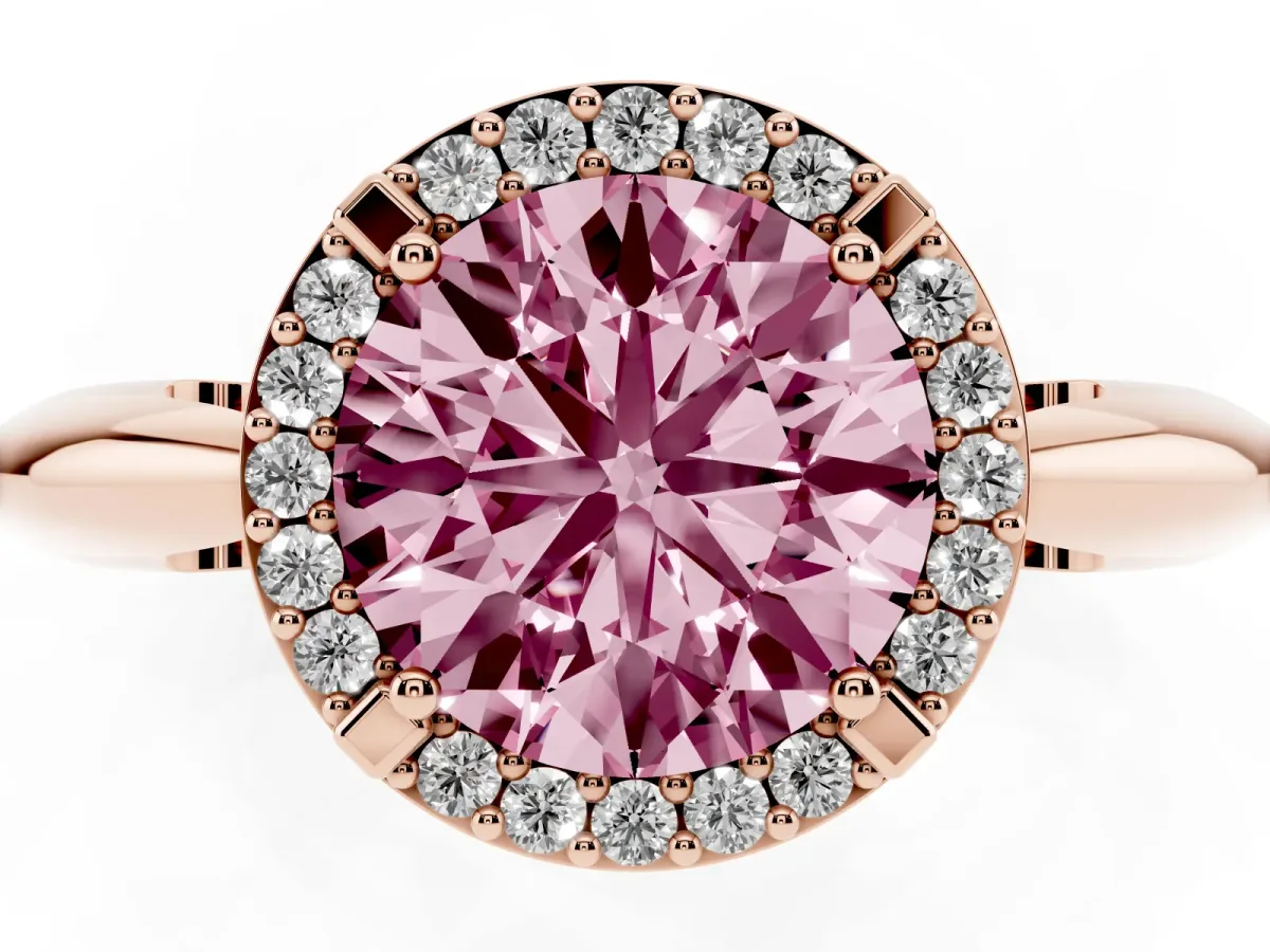Fancy Pink Round Cut Cut Diamond Halo Engagement Ring with Split Shank and Four-Prong Setting Rose gold