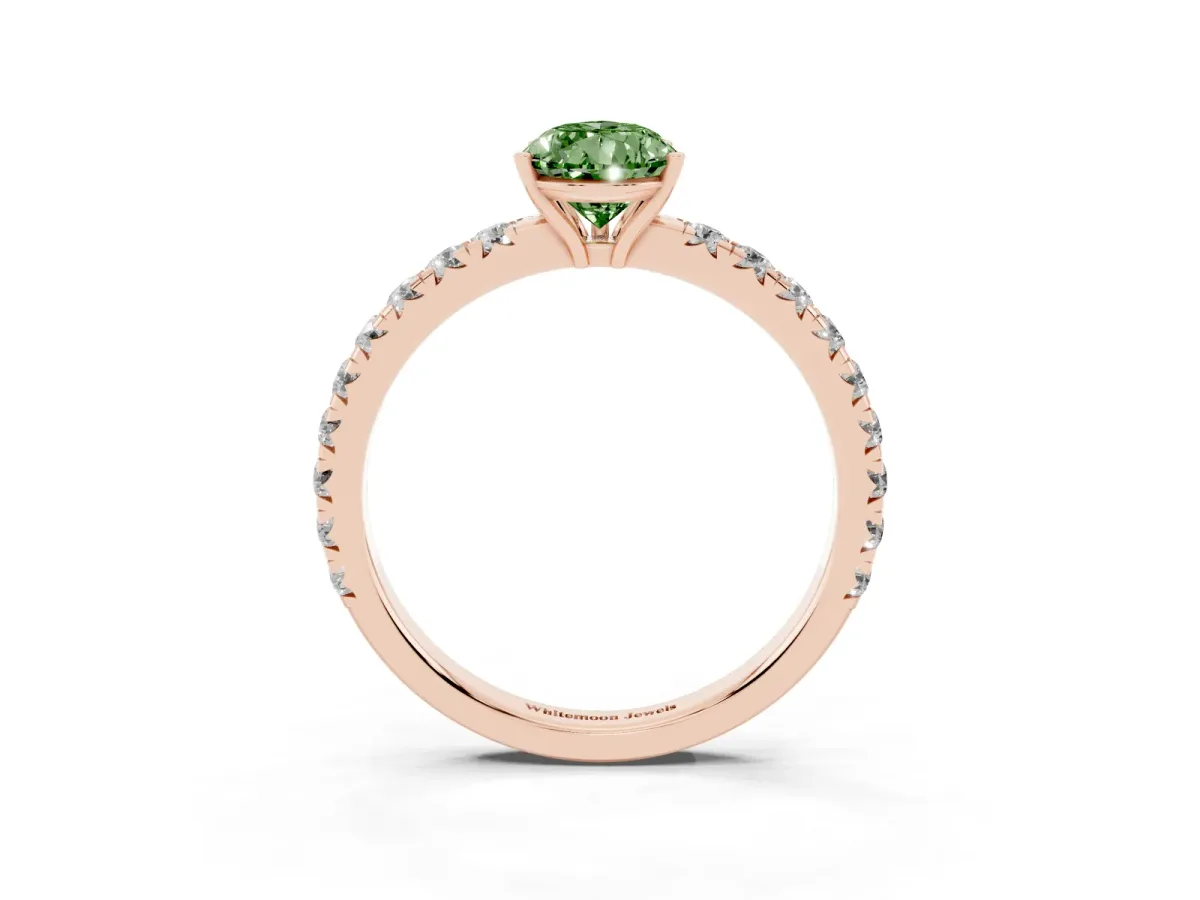 Fancy Green Pear Cut Diamond Pavé Solitaire Engagement Ring with Four-Prong Setting Rose gold