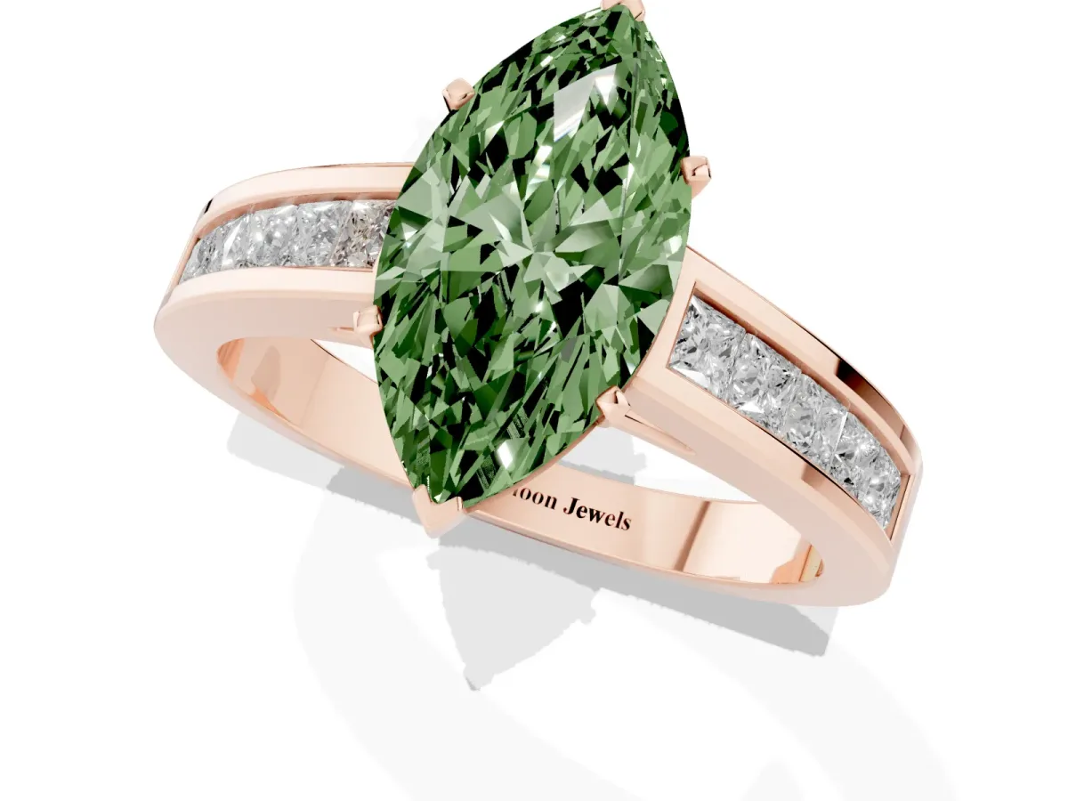 Fancy Green Marquise Cut Solitaire Diamond Ring with Channel-Set Band and Four-Prong Setting Rose gold