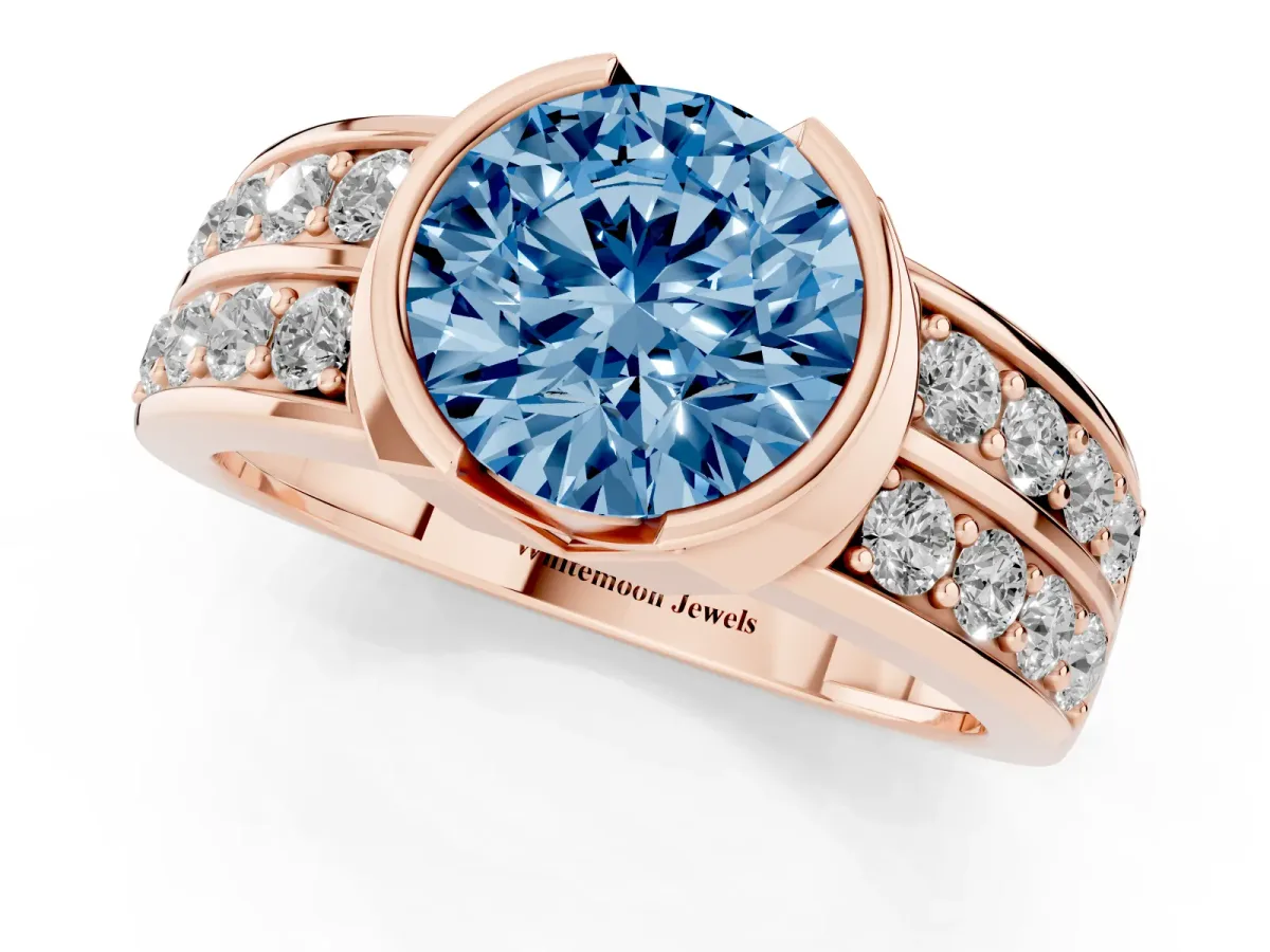 Fancy Blue Round Cut Brilliant Diamond Channel Set Wide Band Ring with Bezel Setting Rose gold