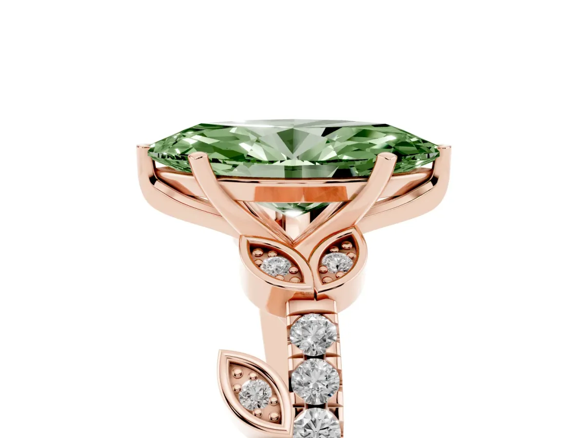 Fancy Green Marquise Cut Solitaire Leaf-Inspired Diamond Ring with Pavé Band and Four-Prong Setting Rose gold