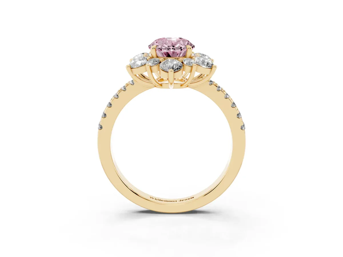 Fancy Pink Oval Cut Diamond Floral Halo Ring with Round Pavé Band and Prong Setting Yellow gold