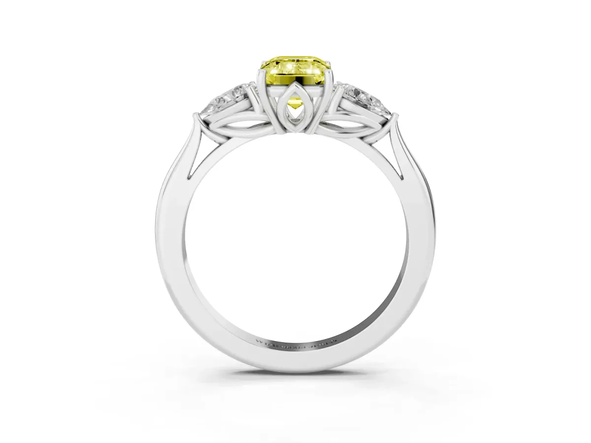 Fancy Yellow Emerald Cut Diamond Three-Stone Ring with Pear Side Stones and Prong Setting Silver
