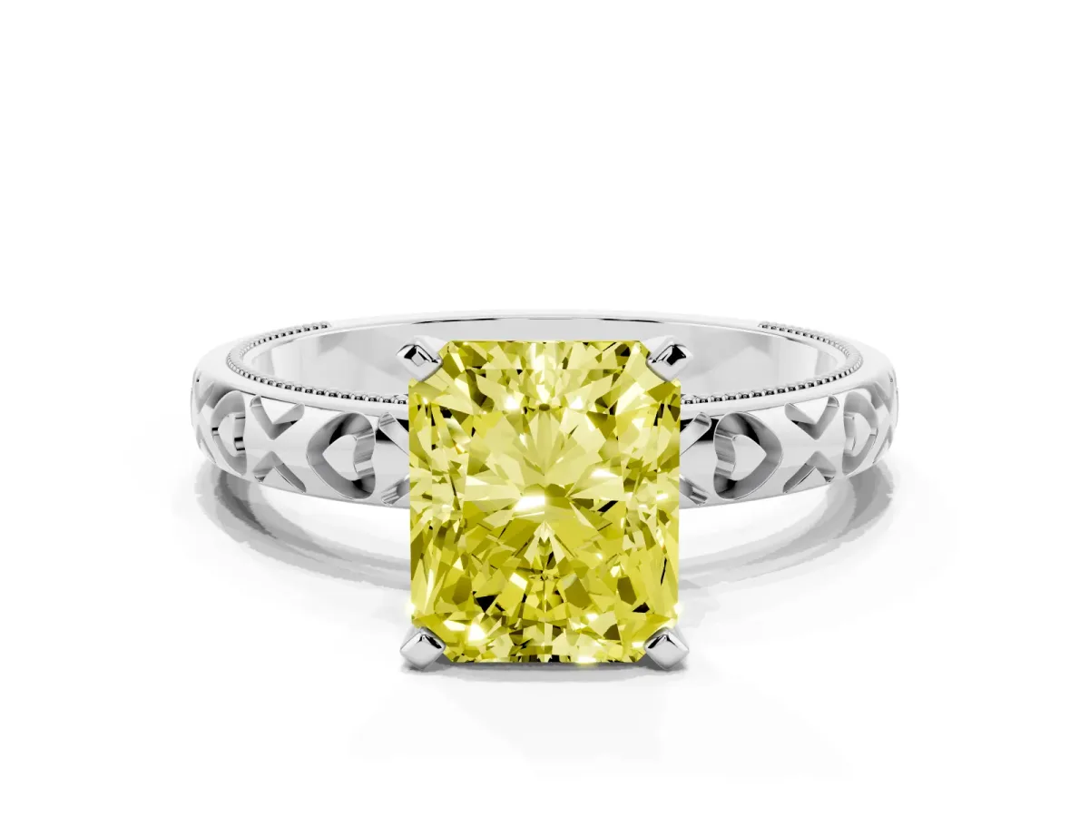 Fancy Yellow Radiant Cut Solitaire Diamond Engagement Ring with XO Engraved Band and Four-Prong Setting Silver