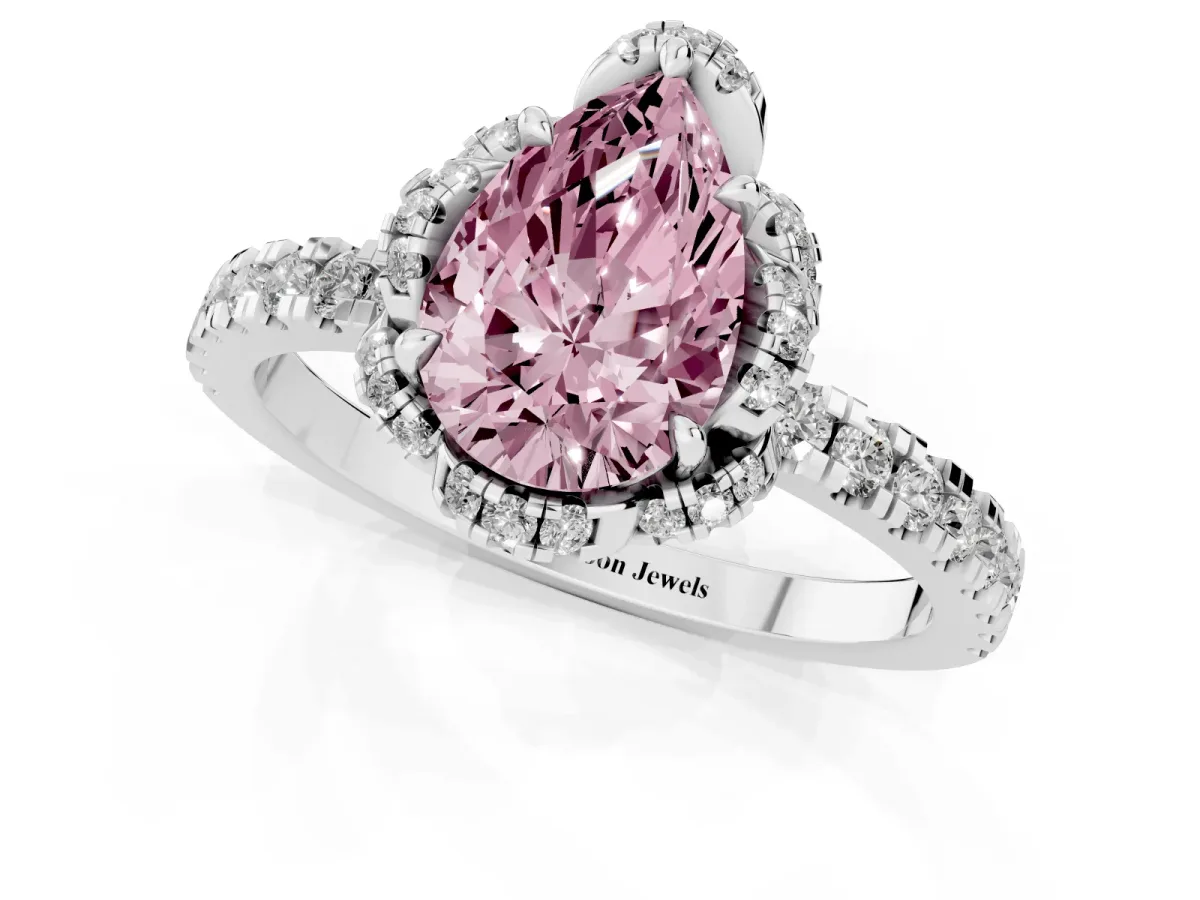 Fancy Pink Pear Cut Halo Diamond Pave Band Ring with Four-Prong Setting Silver