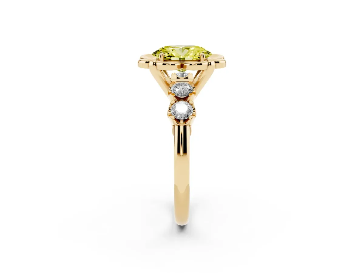 Fancy Yellow Oval Cut Cut Diamond Floral Halo Engagement Ring with Shared Prong Setting Yellow gold