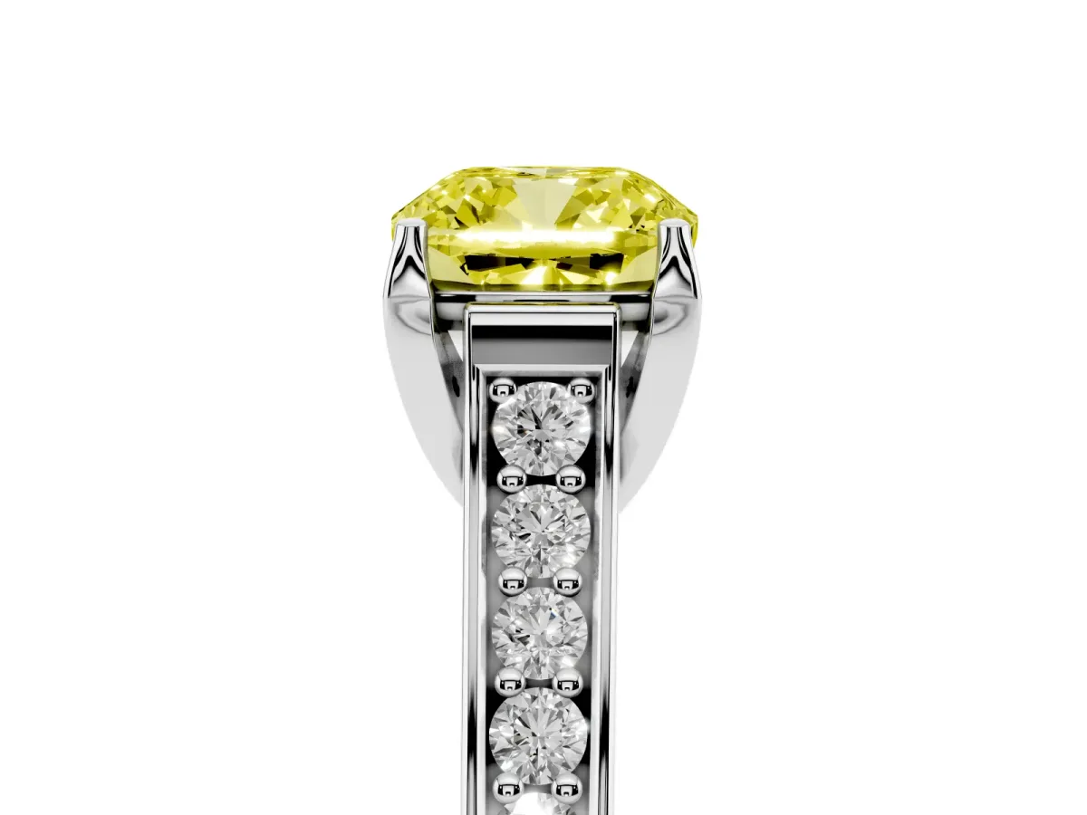 Fancy Yellow Cushion Cut Brilliant Cut Diamond Engagement Ring with Pavé Band and Four-Prong Setting Silver