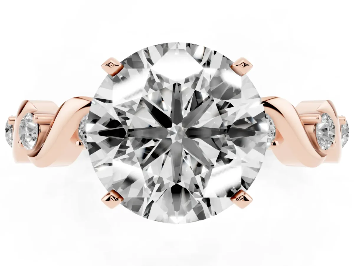Round Cut Diamond Solitaire Twisted Band with Round Accents and Prong Setting Rose gold