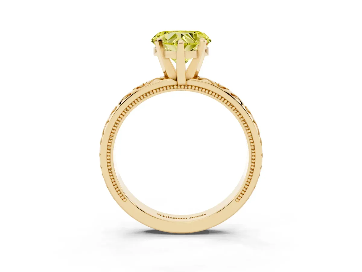 Fancy Yellow Heart Cut Solitaire Diamond Engagement Ring with XO Engraved Band and Four-Prong Setting Yellow gold