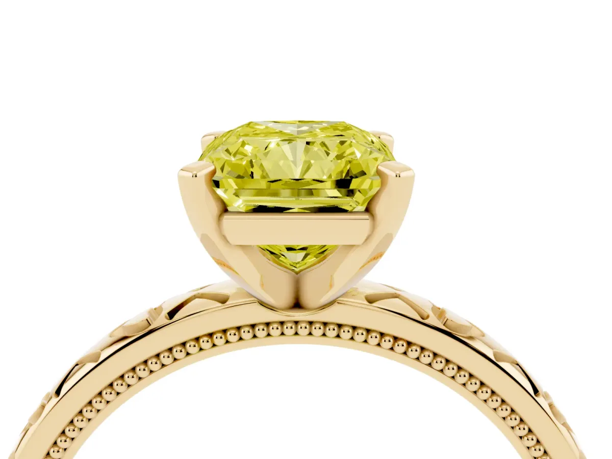 Fancy Yellow Radiant Cut Solitaire Diamond Engagement Ring with XO Engraved Band and Four-Prong Setting Yellow gold