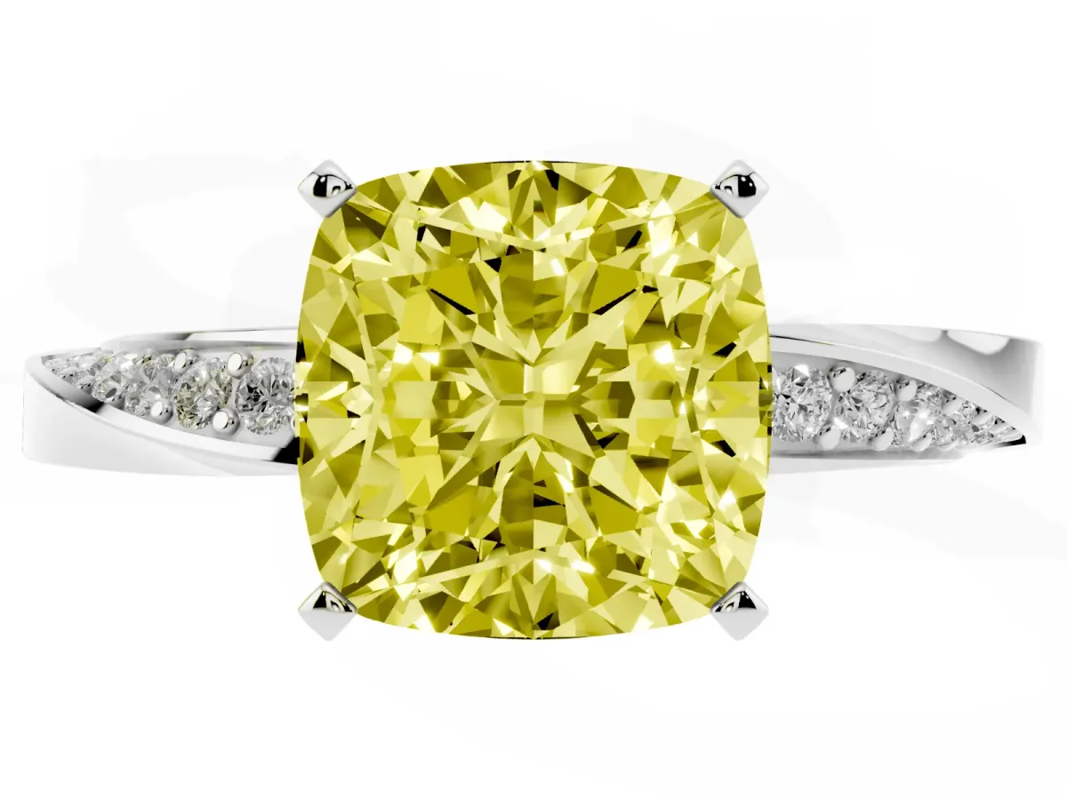 Fancy Yellow Cushion Cut Diamond Engagement Ring with Side Stone Accents and Four-Prong Setting Platinum