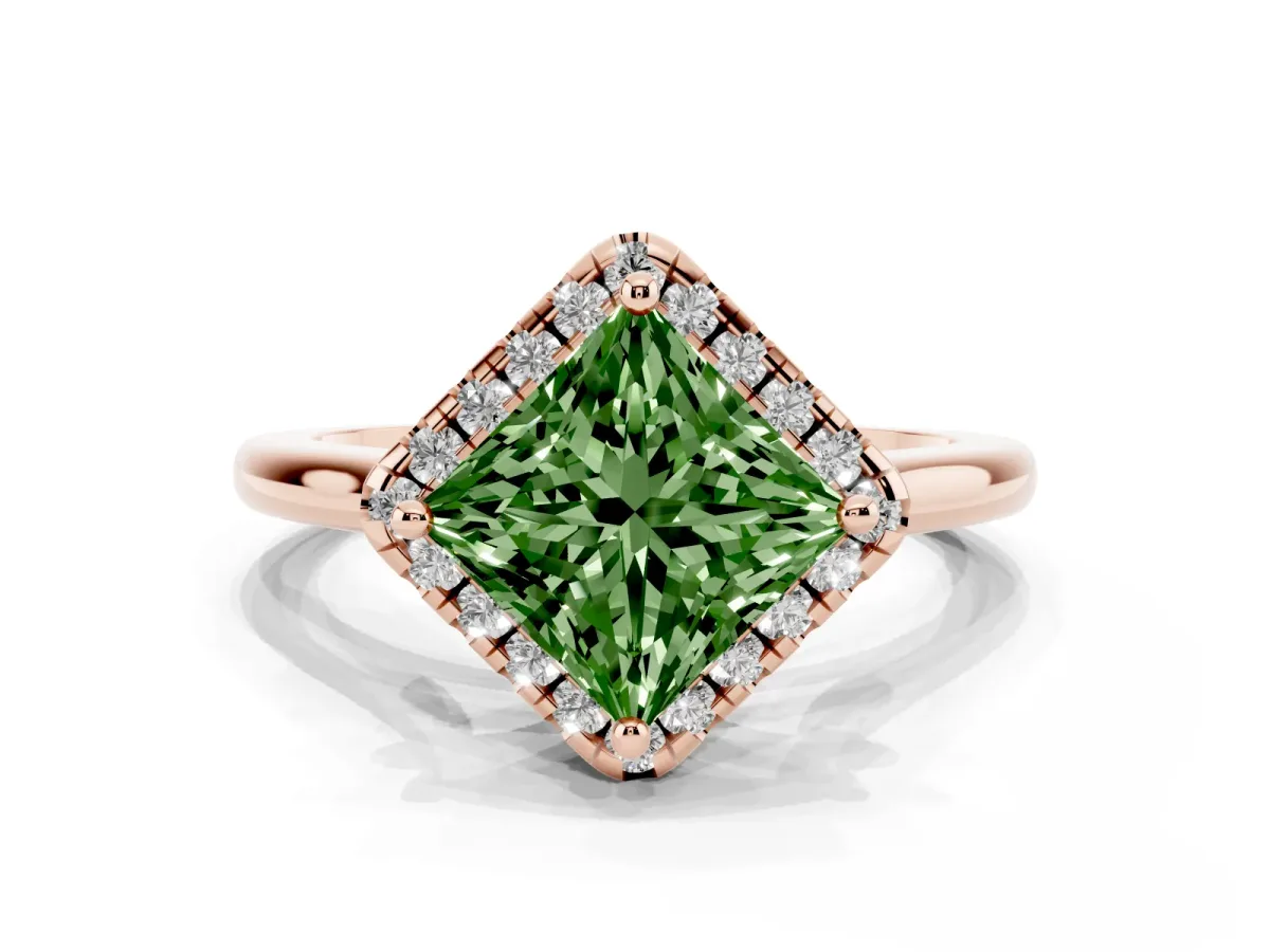 Fancy Green Princess Cut Halo Round Diamond Solitaire Engagement Ring with Pave Band and Four-Prong Setting Rose gold