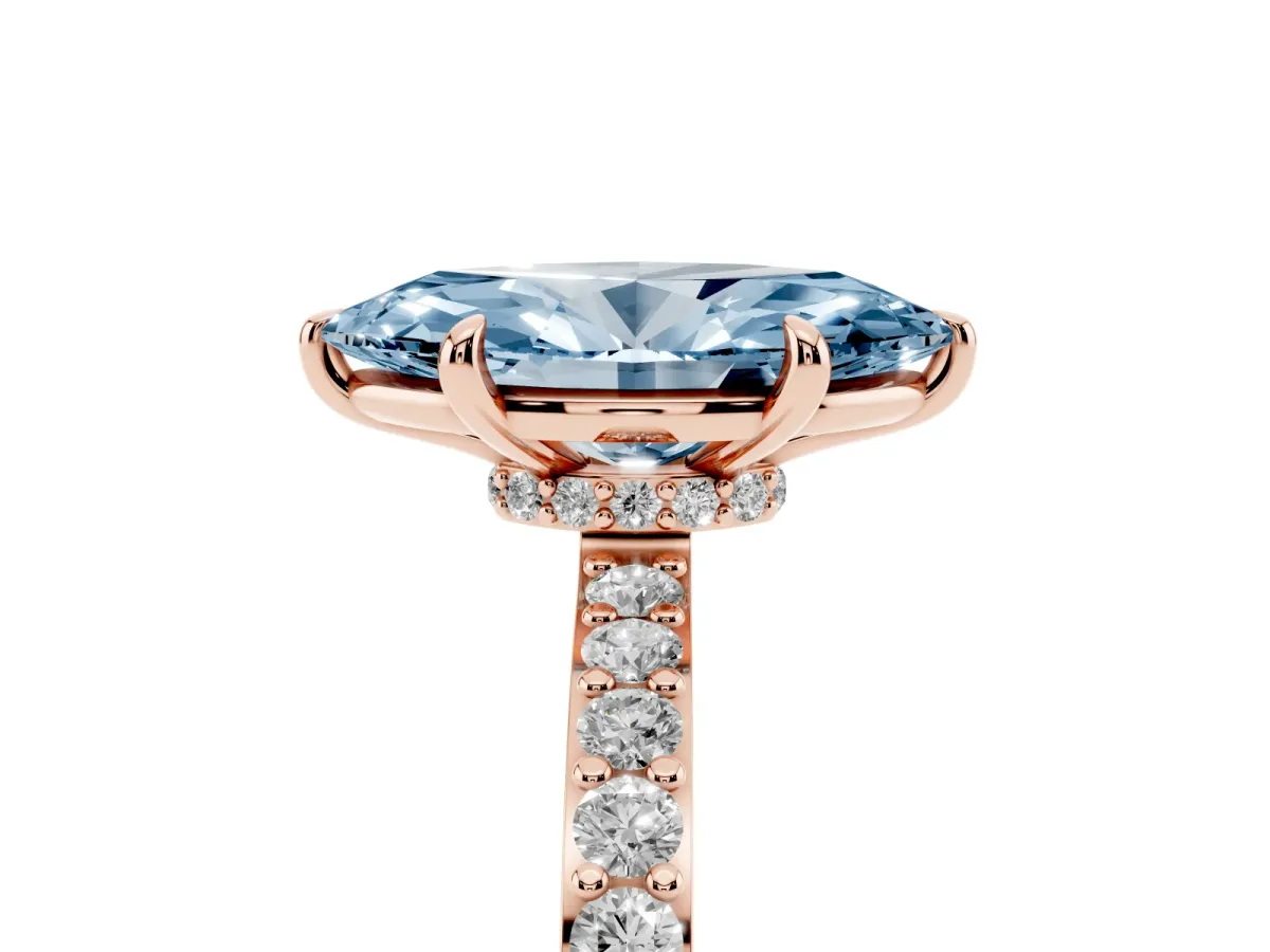 Fancy Blue Marquise Cut Diamond Pavé Engagement Ring with Round Accents and Prong Setting Rose gold