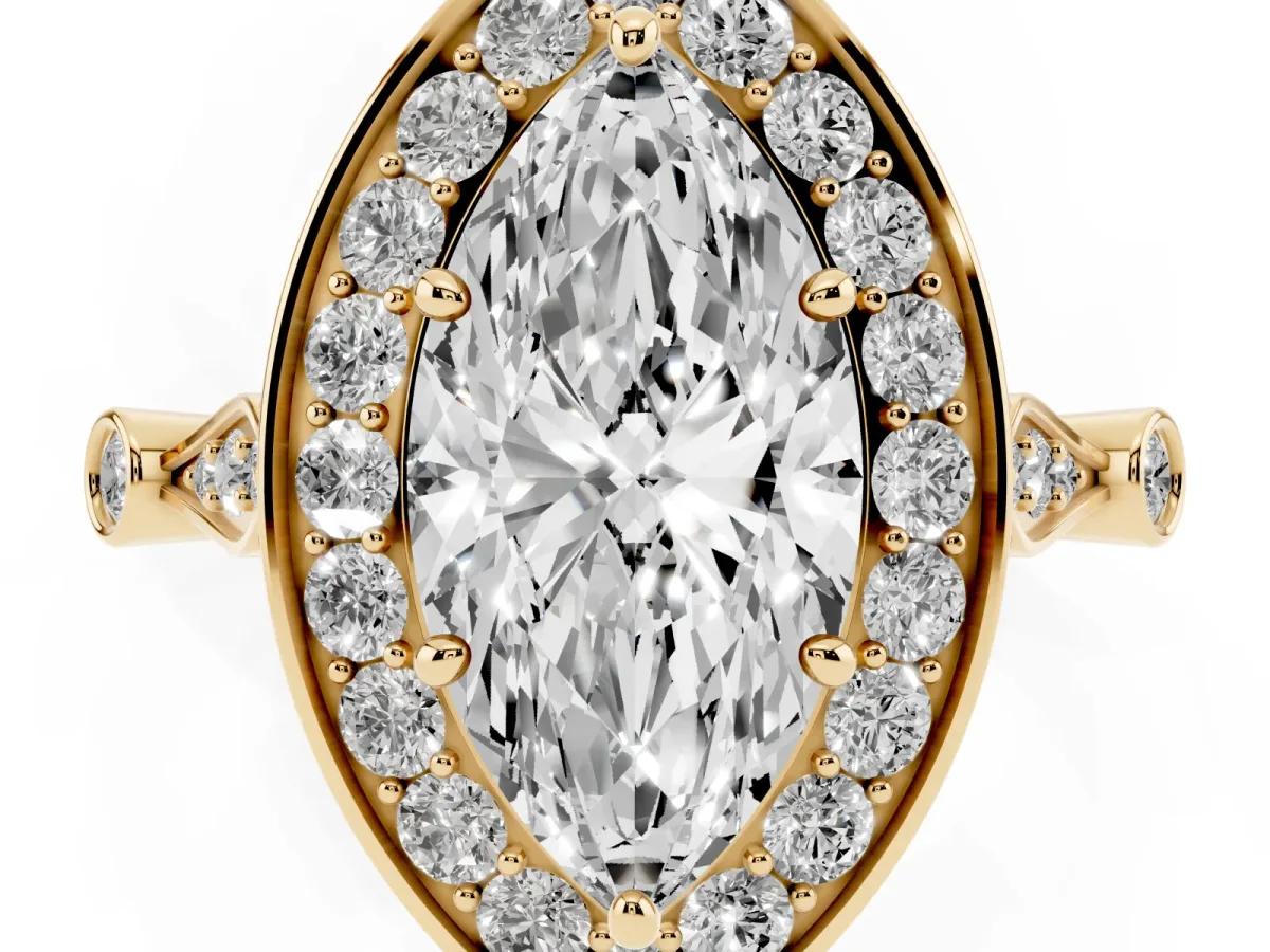 Marquise Cut Halo Diamond Engagement Ring with Twisted Band and Four-Prong Setting Yellow gold