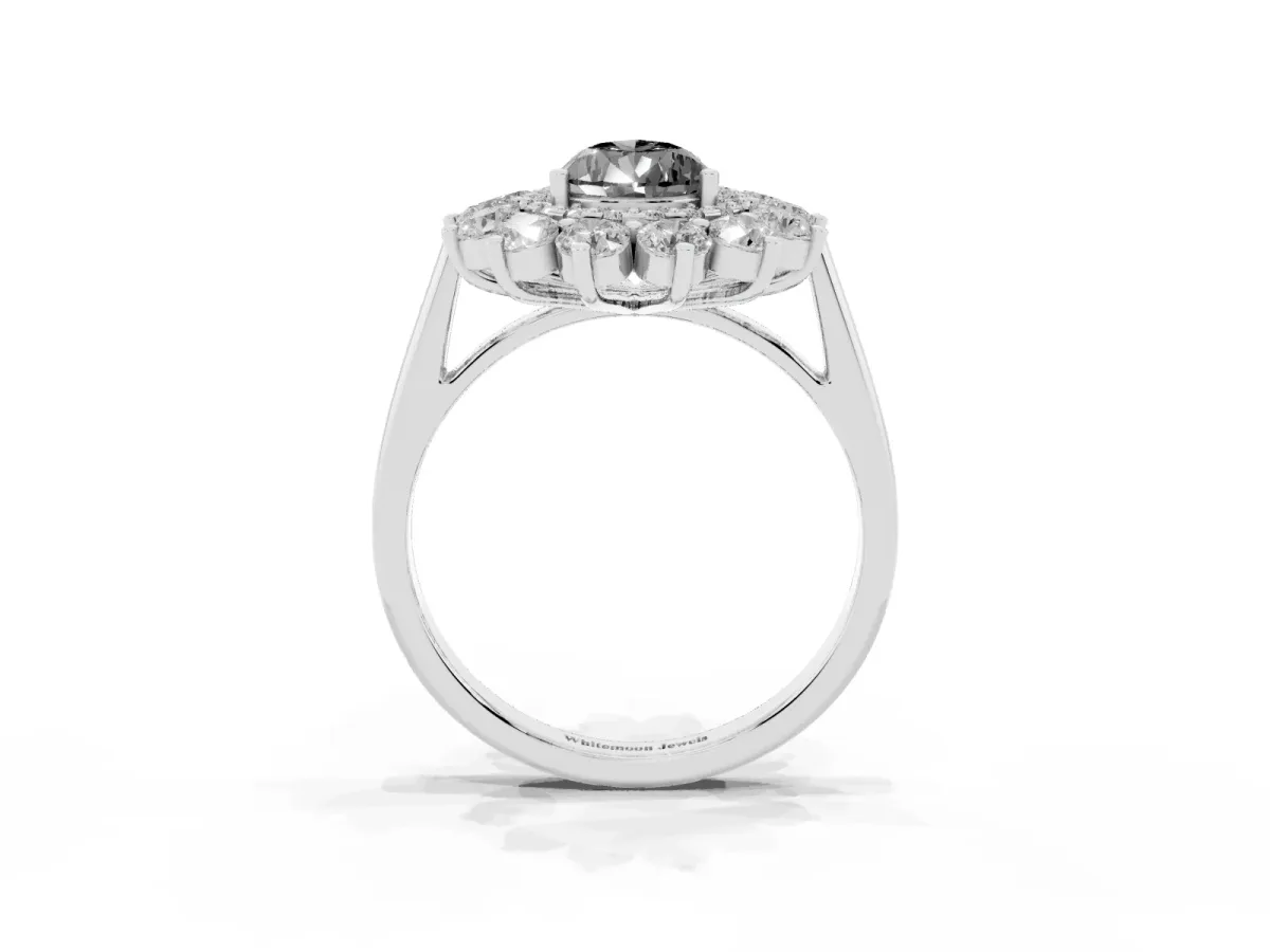 Fancy Black Pear Cut Diamond Floral Double Halo Engagement Ring with Prong Setting Silver